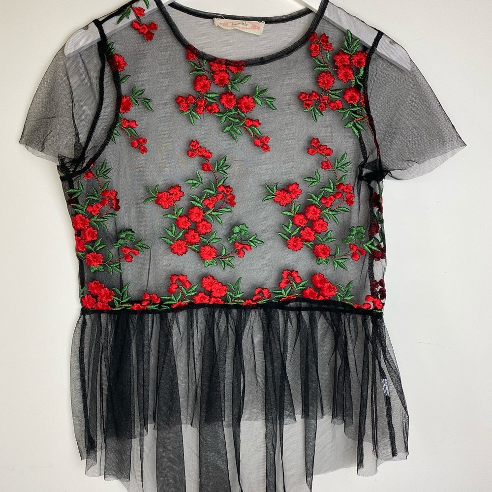 Twinkle black mesh floral crop top